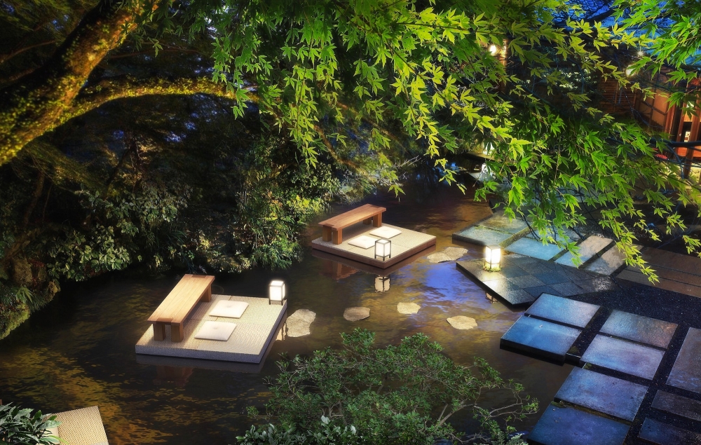 「水の庭」庭園，利用來自日本各地的石苔竹等植栽，營造出遠離喧囂的非日常空間場景。